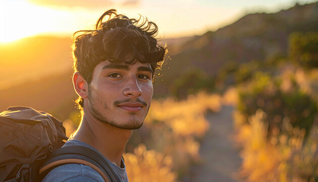 Young man with backpack and tousled hair, half-body portrait, blurred mountain trail, golden sunset