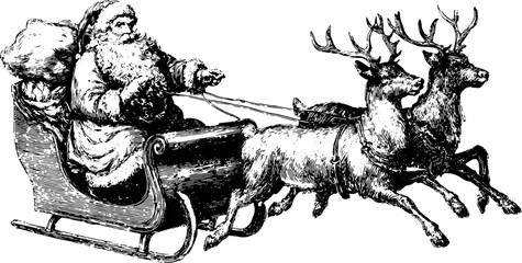 Santa in a vintage sleigh pulled by reindeer. Black and white vector illustration showcasing a festive holiday scene with a classic character.