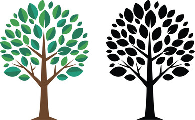 Colorful tree illustration with green leaves, black silhouette tree design, natural plant artwork, eco friendly concept, environmental vector graphic background