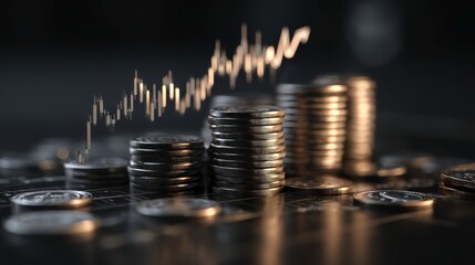 Coins and Financial Graph with Upward Trend on Dark Background