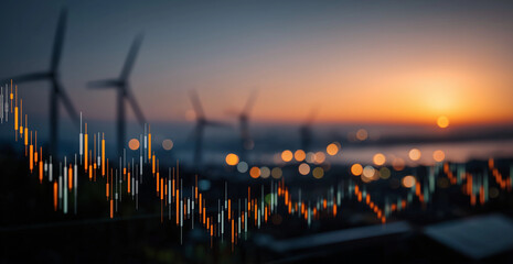Green Energy Investment: A dynamic illustration intertwining financial trends with sustainable wind turbines, set against a vibrant sunrise, symbolizing the growth potential of green energy. 