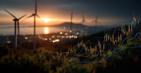 Wind Turbines on a Hill: Silhouettes of wind turbines stand tall against a sunset sky, intertwined with a digital financial graph, offering a striking visual narrative of eco-friendly investment.