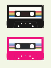 Two cassette tapes, one black with rainbow stripes and one pink, on a light background.