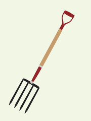 Illustration of a garden pitchfork with a wooden handle and red grip, against a light background.