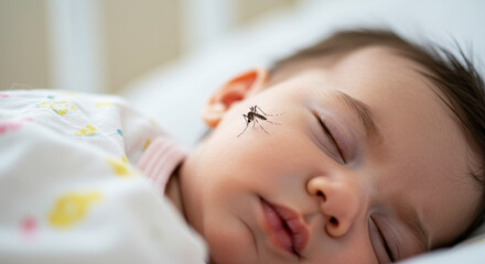 Mosquito on baby’s face while sleeping, insect bite risk, pediatric health care and protection concept