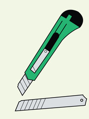 Illustration of a green utility knife with a retractable blade and a spare blade lying beneath it.