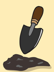 Illustration of a small black shovel hovering above a pile of dark soil against a light yellow background.