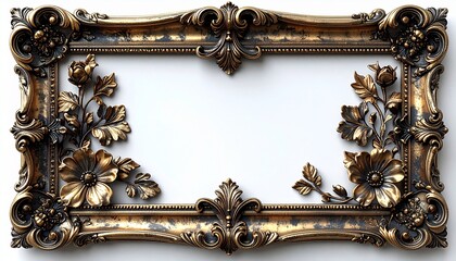 an ornate old brass baroque picture frame with floral flourish, antique high-relief carving, vintage decorative design for luxury interiors