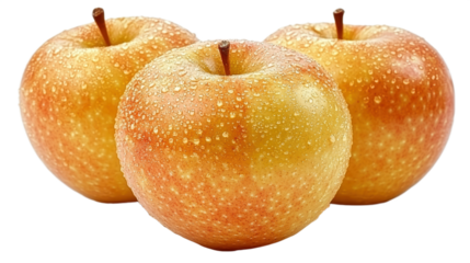 Three freshly picked apples with water droplets against a black background representing healthy eating fruits and delicious produce