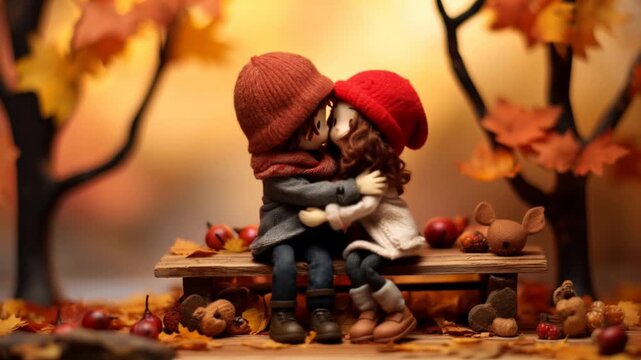 Valentine's Day. A couple of puppets sitting on a bench, hugging.