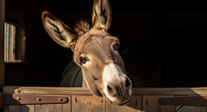 Close Up Head Shot Of A Donkey In A Stable Looking Out