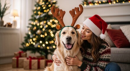 Golden retriever dog with reindeer antlers and woman in Santa hat, festive Christmas pet portrait