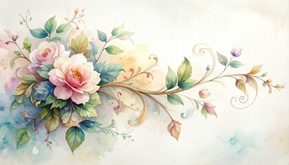 Watercolor painting of an elegant baroque floral flourish with blooming pink peony, ornate swirling leaves and buds, delicate decorative design in artistic high-relief style