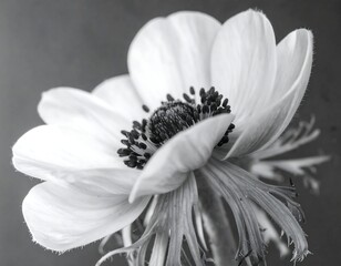 Close-up monochrome flower, delicate petals, central stamen