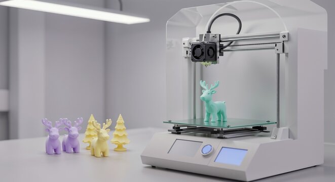 3D printer creating small Christmas tree, modern holiday technology and festive innovation background