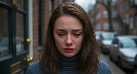 Woman stepping outside with tears on city street, heartbreak, loneliness, and emotional sadness concept