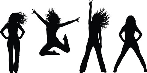 Person silhouette vector illustration, dynamic poses artwork, expressive body language, energetic movement clipart, confident figure design, black icon set, motion graphic