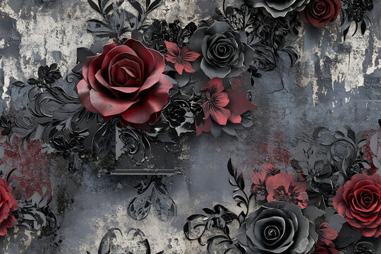 Dark Gothic Floral Pattern with Red and Black Roses on a Grunge Wall. Seamless Victorian Baroque Wallpaper.