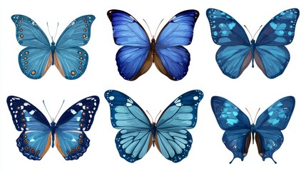 Obraz premium Blue butterfly vector illustration set with detailed isolated morpho amathonte insects, decorative lepidoptera design for nature, wildlife, tattoo art, biology, logo, and pattern decoration