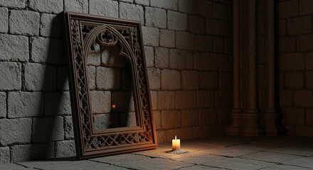 Gothic window frame leans against stone wall with single candle glowing in dim atmospheric interior