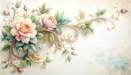 Watercolor painting of an elegant baroque floral flourish with blooming pink peony, ornate swirling leaves and buds, delicate decorative design in artistic high-relief style