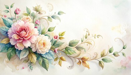 Watercolor painting of an elegant baroque floral flourish with blooming pink peony, ornate swirling leaves and buds, delicate decorative design in artistic high-relief style