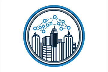 Fototapeta premium Blue and gray circular logo with city skyline and network nodes vector