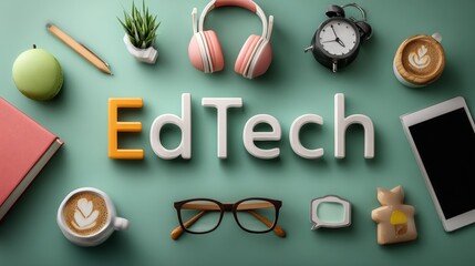 EdTech concept with various digital learning tools and a green backdrop.