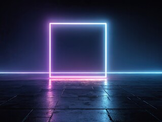Glowing Neon Square Frame in a Dark Empty Room with Reflections on the Floor.
