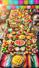 Vibrant Fruit and Drink Display with Festive Accessories