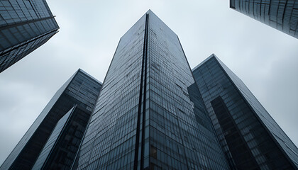 Low angle view of modern skyscrapers against a cloudy sky in the financial district of the city