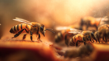 Close-Up of Honey Bees on Wooden Hive Frame