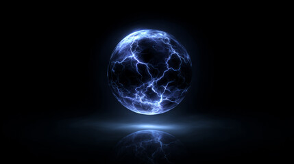 Glowing blue sphere surrounded by intense electric lightning bolts, representing energy, power, and futuristic electricity concepts.