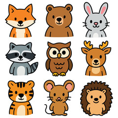 Hand-drawn cartoon animals icon set isolated on white background. Fox, bear, hare, raccoon, owl, deer, tiger, mouse, hedgehog. Vector illustration.
