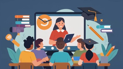 Students learning online with teacher in virtual classroom video - Powered by Adobe