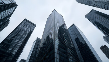 Looking up at the impressive skyscrapers in the city of chicago on a cloudy day from a low angle