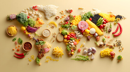World map creatively crafted using variety of colorful food ingredients, including vegetables, fruits, grains, and spices, on light background. arrangement is artistic and vibrant