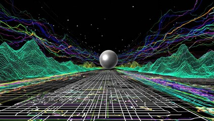 Cyberpunk landscape, 3D,  with sphere and glowing lines