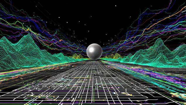 Cyberpunk landscape, 3D,  with sphere and glowing lines - Powered by Adobe