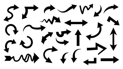 A collection of various black arrow silhouettes vector.