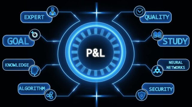 Futuristic P N L diagram with glowing neon icons representing expert goal knowledge algorithm quality study neural networks and security on a dark background