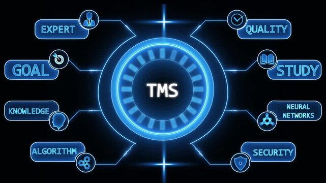 Futuristic T M S technology hub with glowing neon icons for expert quality goal knowledge algorithm neural networks and security concept visualization