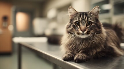 A beautiful cat resting on a metallic surface, looking directly at the camera.