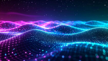 Quantum Mesh – a dynamic grid of glowing dots and lines bending like spacetime, shifting colors between cyan and magenta.