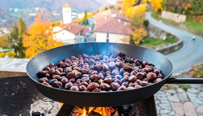 Roasted chestnuts in a pan over a fire, mountain village backdrop