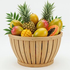 Traditional wooden fruit basket with pineapple mango papaya on pure white background