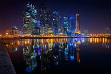 Fototapeta premium Night city skyline with illuminated buildings and reflections on river