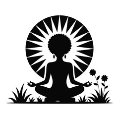 Silhouette of woman meditating with sunburst and flowers