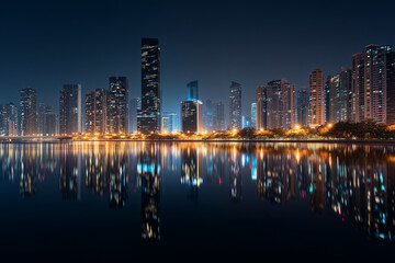 Fototapeta premium Night city skyline with illuminated buildings and reflections on river