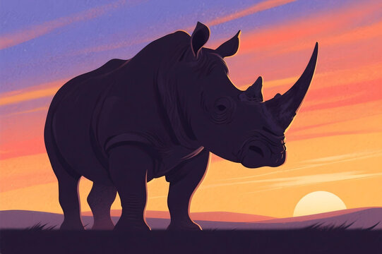 Majestic Rhinoceros Silhouette at Sunset in African Savanna